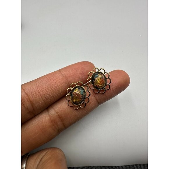 3/$30 Vintage Rainbow Flake Earrings Gold Tone Studs Iridescent Foil Cabochons - Picture 3 of 10